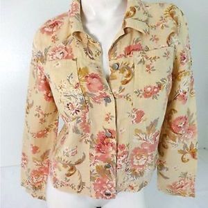 MANDARIN BLUE WOMENS PEACH FLORAL LINEN JACKET SIZE PL